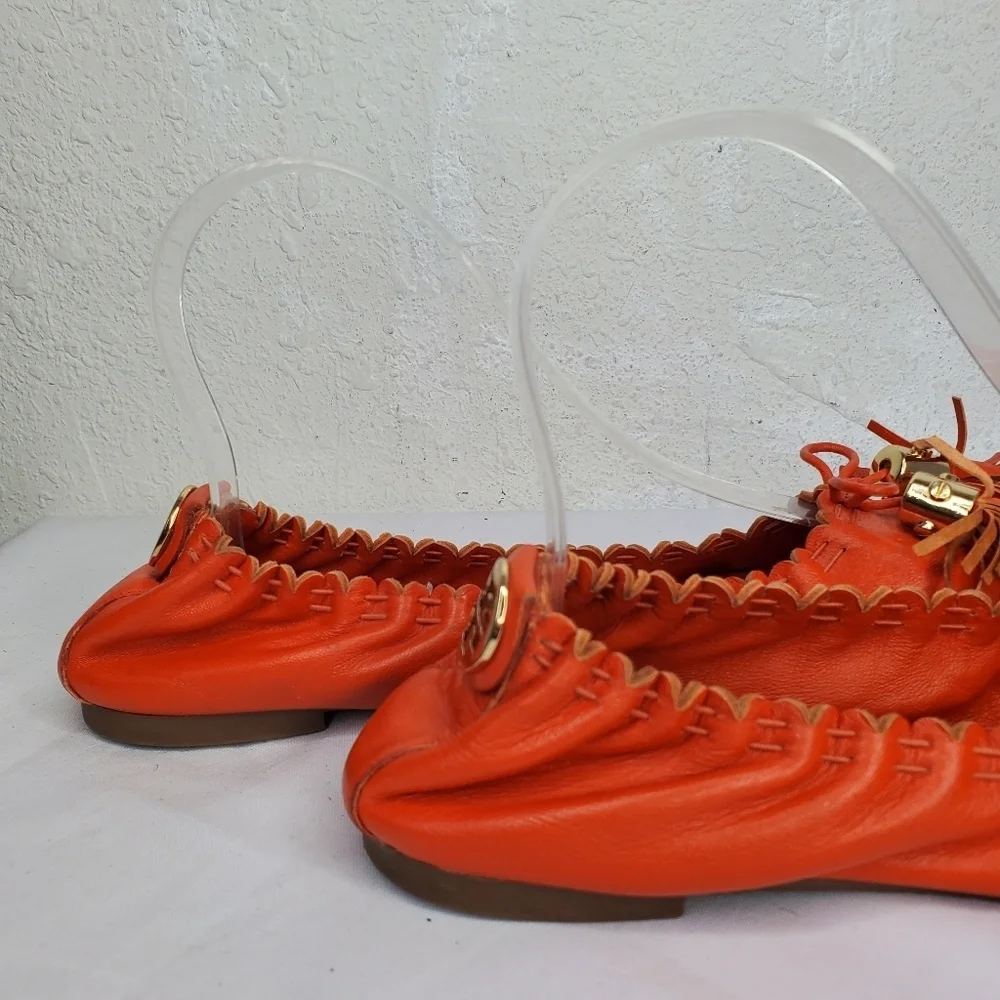 Tory Burch Reese Soft Orange Leather Stretch Bow Tassel Ballet Flats
